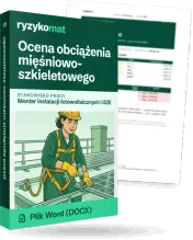 Pudełko dokumentu „Ocena obciążenia mięśniowo-szkieletowego” ze znakiem Ryzykomat i napisem „Plik Word (DOCX)” na froncie, ilustracja stanowiska „Monter instalacji fotowoltaicznych i OZE”; zza pudełka wystaje strona prawdziwego dokumentu z rozmytą treścią