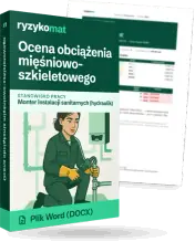 Pudełko dokumentu „Ocena obciążenia mięśniowo-szkieletowego” ze znakiem Ryzykomat i napisem „Plik Word (DOCX)” na froncie, ilustracja stanowiska „Monter instalacji sanitarnych (hydraulik)”; zza pudełka wystaje strona prawdziwego dokumentu z rozmytą treścią