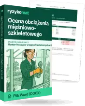 Pudełko dokumentu „Ocena obciążenia mięśniowo-szkieletowego” ze znakiem Ryzykomat i napisem „Plik Word (DOCX)” na froncie, ilustracja stanowiska „Monter-instalator urządzeń technicznych w budownictwie wiejskim”; zza pudełka wystaje strona prawdziwego dokumentu z rozmytą treścią