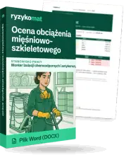 Pudełko dokumentu „Ocena obciążenia mięśniowo-szkieletowego” ze znakiem Ryzykomat i napisem „Plik Word (DOCX)” na froncie, ilustracja stanowiska „Monter izolacji chemoodpornych i antykorozyjnych”; zza pudełka wystaje strona prawdziwego dokumentu z rozmytą treścią