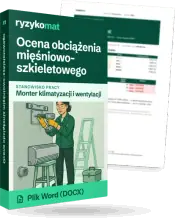 Pudełko dokumentu „Ocena obciążenia mięśniowo-szkieletowego” ze znakiem Ryzykomat i napisem „Plik Word (DOCX)” na froncie, ilustracja stanowiska „Monter klimatyzacji i wentylacji”; zza pudełka wystaje strona prawdziwego dokumentu z rozmytą treścią