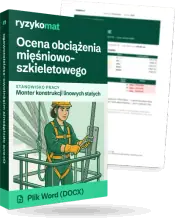 Pudełko dokumentu „Ocena obciążenia mięśniowo-szkieletowego” ze znakiem Ryzykomat i napisem „Plik Word (DOCX)” na froncie, ilustracja stanowiska „Monter konstrukcji linowych stałych”; zza pudełka wystaje strona prawdziwego dokumentu z rozmytą treścią