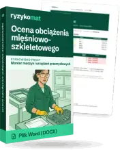 Pudełko dokumentu „Ocena obciążenia mięśniowo-szkieletowego” ze znakiem Ryzykomat i napisem „Plik Word (DOCX)” na froncie, ilustracja stanowiska „Monter maszyn i urządzeń przemysłowych”; zza pudełka wystaje strona prawdziwego dokumentu z rozmytą treścią