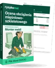 Pudełko dokumentu „Ocena obciążenia mięśniowo-szkieletowego” ze znakiem Ryzykomat i napisem „Plik Word (DOCX)” na froncie, ilustracja stanowiska „Monter mebli”; zza pudełka wystaje strona prawdziwego dokumentu z rozmytą treścią