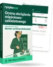 Pudełko dokumentu „Ocena obciążenia mięśniowo-szkieletowego” ze znakiem Ryzykomat i napisem „Plik Word (DOCX)” na froncie, ilustracja stanowiska „Monter na linii produkcyjnej”; zza pudełka wystaje strona prawdziwego dokumentu z rozmytą treścią