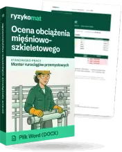 Pudełko dokumentu „Ocena obciążenia mięśniowo-szkieletowego” ze znakiem Ryzykomat i napisem „Plik Word (DOCX)” na froncie, ilustracja stanowiska „Monter rurociągów przemysłowych”; zza pudełka wystaje strona prawdziwego dokumentu z rozmytą treścią