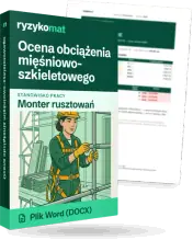 Pudełko dokumentu „Ocena obciążenia mięśniowo-szkieletowego” ze znakiem Ryzykomat i napisem „Plik Word (DOCX)” na froncie, ilustracja stanowiska „Monter rusztowań”; zza pudełka wystaje strona prawdziwego dokumentu z rozmytą treścią