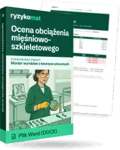 Pudełko dokumentu „Ocena obciążenia mięśniowo-szkieletowego” ze znakiem Ryzykomat i napisem „Plik Word (DOCX)” na froncie, ilustracja stanowiska „Monter wyrobów z tworzyw sztucznych”; zza pudełka wystaje strona prawdziwego dokumentu z rozmytą treścią