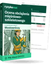 Pudełko dokumentu „Ocena obciążenia mięśniowo-szkieletowego” ze znakiem Ryzykomat i napisem „Plik Word (DOCX)” na froncie, ilustracja stanowiska „Mostowniczy”; zza pudełka wystaje strona prawdziwego dokumentu z rozmytą treścią