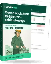 Pudełko dokumentu „Ocena obciążenia mięśniowo-szkieletowego” ze znakiem Ryzykomat i napisem „Plik Word (DOCX)” na froncie, ilustracja stanowiska „Murarz / tynkarz”; zza pudełka wystaje strona prawdziwego dokumentu z rozmytą treścią