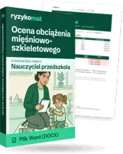 Pudełko dokumentu „Ocena obciążenia mięśniowo-szkieletowego” ze znakiem Ryzykomat i napisem „Plik Word (DOCX)” na froncie, ilustracja stanowiska „Nauczyciel przedszkola”; zza pudełka wystaje strona prawdziwego dokumentu z rozmytą treścią