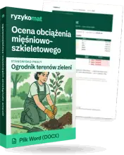 Pudełko dokumentu „Ocena obciążenia mięśniowo-szkieletowego” ze znakiem Ryzykomat i napisem „Plik Word (DOCX)” na froncie, ilustracja stanowiska „Ogrodnik terenów zieleni”; zza pudełka wystaje strona prawdziwego dokumentu z rozmytą treścią