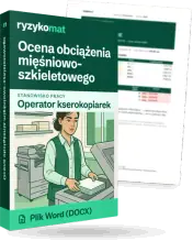 Pudełko dokumentu „Ocena obciążenia mięśniowo-szkieletowego” ze znakiem Ryzykomat i napisem „Plik Word (DOCX)” na froncie, ilustracja stanowiska „Operator kserokopiarek”; zza pudełka wystaje strona prawdziwego dokumentu z rozmytą treścią