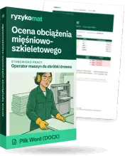 Pudełko dokumentu „Ocena obciążenia mięśniowo-szkieletowego” ze znakiem Ryzykomat i napisem „Plik Word (DOCX)” na froncie, ilustracja stanowiska „Operator maszyn do obróbki drewna”; zza pudełka wystaje strona prawdziwego dokumentu z rozmytą treścią