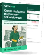 Pudełko dokumentu „Ocena obciążenia mięśniowo-szkieletowego” ze znakiem Ryzykomat i napisem „Plik Word (DOCX)” na froncie, ilustracja stanowiska „Operator maszyn do produkcji wyrobów z drutu i siatek”; zza pudełka wystaje strona prawdziwego dokumentu z rozmytą treścią