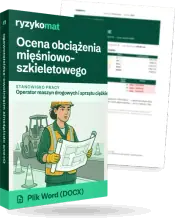 Pudełko dokumentu „Ocena obciążenia mięśniowo-szkieletowego” ze znakiem Ryzykomat i napisem „Plik Word (DOCX)” na froncie, ilustracja stanowiska „Operator maszyn drogowych i sprzętu ciężkiego”; zza pudełka wystaje strona prawdziwego dokumentu z rozmytą treścią