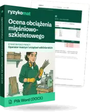 Pudełko dokumentu „Ocena obciążenia mięśniowo-szkieletowego” ze znakiem Ryzykomat i napisem „Plik Word (DOCX)” na froncie, ilustracja stanowiska „Operator maszyn i urządzeń wikliniarskich”; zza pudełka wystaje strona prawdziwego dokumentu z rozmytą treścią