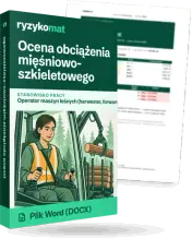 Pudełko dokumentu „Ocena obciążenia mięśniowo-szkieletowego” ze znakiem Ryzykomat i napisem „Plik Word (DOCX)” na froncie, ilustracja stanowiska „Operator maszyn leśnych (harwester, forwarder)”; zza pudełka wystaje strona prawdziwego dokumentu z rozmytą treścią