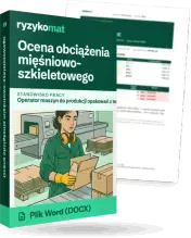 Pudełko dokumentu „Ocena obciążenia mięśniowo-szkieletowego” ze znakiem Ryzykomat i napisem „Plik Word (DOCX)” na froncie, ilustracja stanowiska „Operator maszyn do produkcji opakowań z tektury”; zza pudełka wystaje strona prawdziwego dokumentu z rozmytą treścią