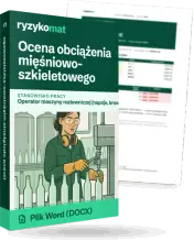 Pudełko dokumentu „Ocena obciążenia mięśniowo-szkieletowego” ze znakiem Ryzykomat i napisem „Plik Word (DOCX)” na froncie, ilustracja stanowiska „Operator maszyny rozlewniczej (napoje, browar)”; zza pudełka wystaje strona prawdziwego dokumentu z rozmytą treścią