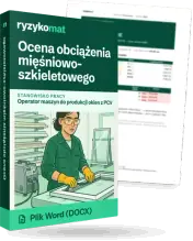 Pudełko dokumentu „Ocena obciążenia mięśniowo-szkieletowego” ze znakiem Ryzykomat i napisem „Plik Word (DOCX)” na froncie, ilustracja stanowiska „Operator maszyn do produkcji okien z PCV”; zza pudełka wystaje strona prawdziwego dokumentu z rozmytą treścią