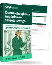 Pudełko dokumentu „Ocena obciążenia mięśniowo-szkieletowego” ze znakiem Ryzykomat i napisem „Plik Word (DOCX)” na froncie, ilustracja stanowiska „Operator urządzeń w mleczarni”; zza pudełka wystaje strona prawdziwego dokumentu z rozmytą treścią