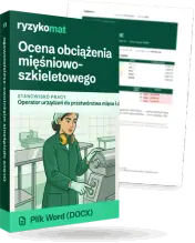 Pudełko dokumentu „Ocena obciążenia mięśniowo-szkieletowego” ze znakiem Ryzykomat i napisem „Plik Word (DOCX)” na froncie, ilustracja stanowiska „Operator urządzeń do przetwórstwa mięsa i drobiu”; zza pudełka wystaje strona prawdziwego dokumentu z rozmytą treścią