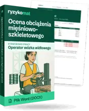 Pudełko dokumentu „Ocena obciążenia mięśniowo-szkieletowego” ze znakiem Ryzykomat i napisem „Plik Word (DOCX)” na froncie, ilustracja stanowiska „Operator wózka widłowego”; zza pudełka wystaje strona prawdziwego dokumentu z rozmytą treścią