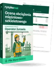 Pudełko dokumentu „Ocena obciążenia mięśniowo-szkieletowego” ze znakiem Ryzykomat i napisem „Plik Word (DOCX)” na froncie, ilustracja stanowiska „Operator żurawia”; zza pudełka wystaje strona prawdziwego dokumentu z rozmytą treścią