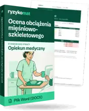 Pudełko dokumentu „Ocena obciążenia mięśniowo-szkieletowego” ze znakiem Ryzykomat i napisem „Plik Word (DOCX)” na froncie, ilustracja stanowiska „Opiekun medyczny”; zza pudełka wystaje strona prawdziwego dokumentu z rozmytą treścią