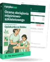 Pudełko dokumentu „Ocena obciążenia mięśniowo-szkieletowego” ze znakiem Ryzykomat i napisem „Plik Word (DOCX)” na froncie, ilustracja stanowiska „Opiekunka w żłobku”; zza pudełka wystaje strona prawdziwego dokumentu z rozmytą treścią