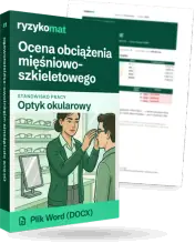 Pudełko dokumentu „Ocena obciążenia mięśniowo-szkieletowego” ze znakiem Ryzykomat i napisem „Plik Word (DOCX)” na froncie, ilustracja stanowiska „Optyk okularowy”; zza pudełka wystaje strona prawdziwego dokumentu z rozmytą treścią