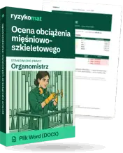Pudełko dokumentu „Ocena obciążenia mięśniowo-szkieletowego” ze znakiem Ryzykomat i napisem „Plik Word (DOCX)” na froncie, ilustracja stanowiska „Organomistrz”; zza pudełka wystaje strona prawdziwego dokumentu z rozmytą treścią