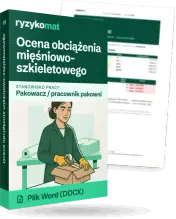 Pudełko dokumentu „Ocena obciążenia mięśniowo-szkieletowego” ze znakiem Ryzykomat i napisem „Plik Word (DOCX)” na froncie, ilustracja stanowiska „Pakowacz / pracownik pakowni”; zza pudełka wystaje strona prawdziwego dokumentu z rozmytą treścią
