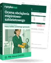 Pudełko dokumentu „Ocena obciążenia mięśniowo-szkieletowego” ze znakiem Ryzykomat i napisem „Plik Word (DOCX)” na froncie, ilustracja stanowiska „Palacz kotłów centralnego ogrzewania”; zza pudełka wystaje strona prawdziwego dokumentu z rozmytą treścią