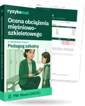 Pudełko dokumentu „Ocena obciążenia mięśniowo-szkieletowego” ze znakiem Ryzykomat i napisem „Plik Word (DOCX)” na froncie, ilustracja stanowiska „Pedagog szkolny”; zza pudełka wystaje strona prawdziwego dokumentu z rozmytą treścią