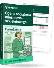 Pudełko dokumentu „Ocena obciążenia mięśniowo-szkieletowego” ze znakiem Ryzykomat i napisem „Plik Word (DOCX)” na froncie, ilustracja stanowiska „Perfuzjonista”; zza pudełka wystaje strona prawdziwego dokumentu z rozmytą treścią