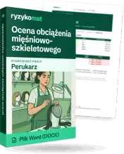 Pudełko dokumentu „Ocena obciążenia mięśniowo-szkieletowego” ze znakiem Ryzykomat i napisem „Plik Word (DOCX)” na froncie, ilustracja stanowiska „Perukarz”; zza pudełka wystaje strona prawdziwego dokumentu z rozmytą treścią