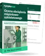 Pudełko dokumentu „Ocena obciążenia mięśniowo-szkieletowego” ze znakiem Ryzykomat i napisem „Plik Word (DOCX)” na froncie, ilustracja stanowiska „Piaskarz (oczyszczanie strumieniowo-ścierne)”; zza pudełka wystaje strona prawdziwego dokumentu z rozmytą treścią