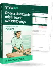 Pudełko dokumentu „Ocena obciążenia mięśniowo-szkieletowego” ze znakiem Ryzykomat i napisem „Plik Word (DOCX)” na froncie, ilustracja stanowiska „Piekarz”; zza pudełka wystaje strona prawdziwego dokumentu z rozmytą treścią