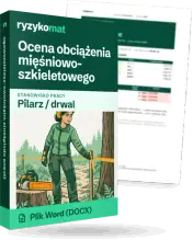 Pudełko dokumentu „Ocena obciążenia mięśniowo-szkieletowego” ze znakiem Ryzykomat i napisem „Plik Word (DOCX)” na froncie, ilustracja stanowiska „Pilarz / drwal”; zza pudełka wystaje strona prawdziwego dokumentu z rozmytą treścią