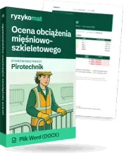 Pudełko dokumentu „Ocena obciążenia mięśniowo-szkieletowego” ze znakiem Ryzykomat i napisem „Plik Word (DOCX)” na froncie, ilustracja stanowiska „Pirotechnik”; zza pudełka wystaje strona prawdziwego dokumentu z rozmytą treścią
