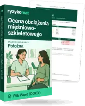 Pudełko dokumentu „Ocena obciążenia mięśniowo-szkieletowego” ze znakiem Ryzykomat i napisem „Plik Word (DOCX)” na froncie, ilustracja stanowiska „Położna”; zza pudełka wystaje strona prawdziwego dokumentu z rozmytą treścią