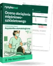 Pudełko dokumentu „Ocena obciążenia mięśniowo-szkieletowego” ze znakiem Ryzykomat i napisem „Plik Word (DOCX)” na froncie, ilustracja stanowiska „Asystentka stomatologiczna”; zza pudełka wystaje strona prawdziwego dokumentu z rozmytą treścią
