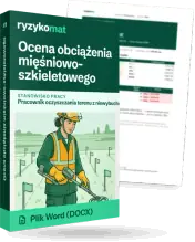 Pudełko dokumentu „Ocena obciążenia mięśniowo-szkieletowego” ze znakiem Ryzykomat i napisem „Plik Word (DOCX)” na froncie, ilustracja stanowiska „Pracownik oczyszczania terenu z niewybuchów”; zza pudełka wystaje strona prawdziwego dokumentu z rozmytą treścią