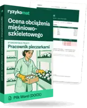 Pudełko dokumentu „Ocena obciążenia mięśniowo-szkieletowego” ze znakiem Ryzykomat i napisem „Plik Word (DOCX)” na froncie, ilustracja stanowiska „Pracownik pieczarkarni”; zza pudełka wystaje strona prawdziwego dokumentu z rozmytą treścią