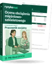 Pudełko dokumentu „Ocena obciążenia mięśniowo-szkieletowego” ze znakiem Ryzykomat i napisem „Plik Word (DOCX)” na froncie, ilustracja stanowiska „Pracownik socjalny”; zza pudełka wystaje strona prawdziwego dokumentu z rozmytą treścią
