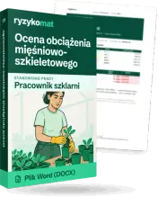 Pudełko dokumentu „Ocena obciążenia mięśniowo-szkieletowego” ze znakiem Ryzykomat i napisem „Plik Word (DOCX)” na froncie, ilustracja stanowiska „Pracownik szklarni”; zza pudełka wystaje strona prawdziwego dokumentu z rozmytą treścią