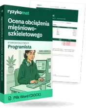Pudełko dokumentu „Ocena obciążenia mięśniowo-szkieletowego” ze znakiem Ryzykomat i napisem „Plik Word (DOCX)” na froncie, ilustracja stanowiska „Programista”; zza pudełka wystaje strona prawdziwego dokumentu z rozmytą treścią