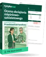 Pudełko dokumentu „Ocena obciążenia mięśniowo-szkieletowego” ze znakiem Ryzykomat i napisem „Plik Word (DOCX)” na froncie, ilustracja stanowiska „Przedstawiciel handlowy”; zza pudełka wystaje strona prawdziwego dokumentu z rozmytą treścią
